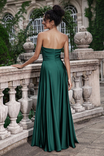 Verde Oscuro Una Línea Novia Plisado Ojo de Cerradura Vestido Largo De Dama De Honor